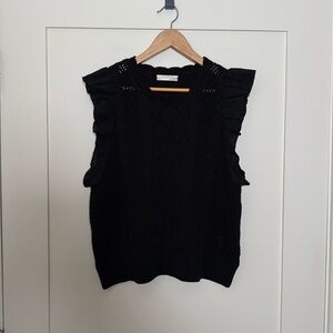 Anthropologie Sweater Vest Womens Sz M Black Cable Knit Ruffle Sleeveless Boho